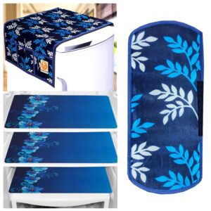KANUSHI Industries® 1Pc Fridge Cover for Top with 6 Utility Pockets (Blue Color) + 1 Handles Covers + 3 Fridge Mats(FRI-BLUE-SMALL-LEAVES-COMBO-M-8)