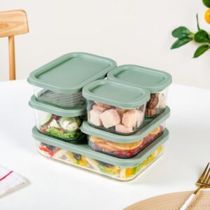 Nestasia Glass Containers for Fridge Storage Set of 6 (S-310ml x 2, M-520ml x 2, L-750ml, XL-1200ml) Transparent Stackable Glass Container with Lid, Microwave & Dishwasher Safe (Green)