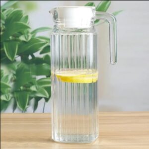 1.1L Glass Pitcher with Handle & Lid,Ribbed Soda Lime Glass Jug for Water,Juice,Iced Tea,Leak Resistant,Elegant Fridge Carafe for Home & Kitchen(Pack of 1) Jug for Dining Table (Ribbed Jug)