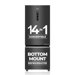 Haier 355 L 3 Star Frost Free Bottom Mount Double Door Refrigerator|Convertible 14-in-1|Jhukna Mat-Bottom Freezer|Digital Display Panel|Triple Inverter|Twist Ice Maker (HEB-363MB-P, Graphite Black)
