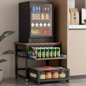 36239 Mini Fridge Stand with Storage, 20.8×20.8in Heavy Duty Mini Fridge Table with Pull-Out Shelf and Lockable Wheels, Compact Refrigerator Stand with Drawer Basket for Home Office