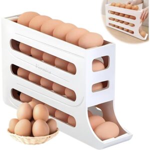 4 Tier Rolling Egg Dispenser Organizer | Stackable Slide-Out Egg Storage Rack Box for Refrigerator | Large Capacity, Space Saving, BPA-Free Sturdy Plastic Kitchen Egg Holder Tray