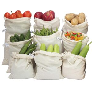 Beddify 100% Cotton Set of 9 Reusable Fridge Storage Bags for Vegetables and Fruits Multipurpose Drawstring Eco Friendly Bags (3 Large, 3 Medium & 3 Small Size Bags)