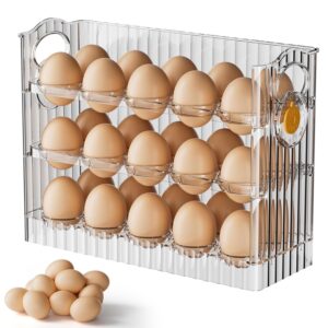 Egg Holder for Fridge, 3 Tiers Egg Organizer for Refrigerator, Eggs Holder Countertop with Timers, Space-Saving Eggs Dispenser for Refrigerator, 30 Eggs Container for Refrigerators