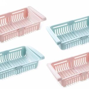 Fridge Organizer Drawer | Adjustable Refrigerator Storage Basket Set with Expandable Sliding Drawer for Fruits, Vegetables, Snacks & Kitchen Organization Easy to Use – 4 Pieces