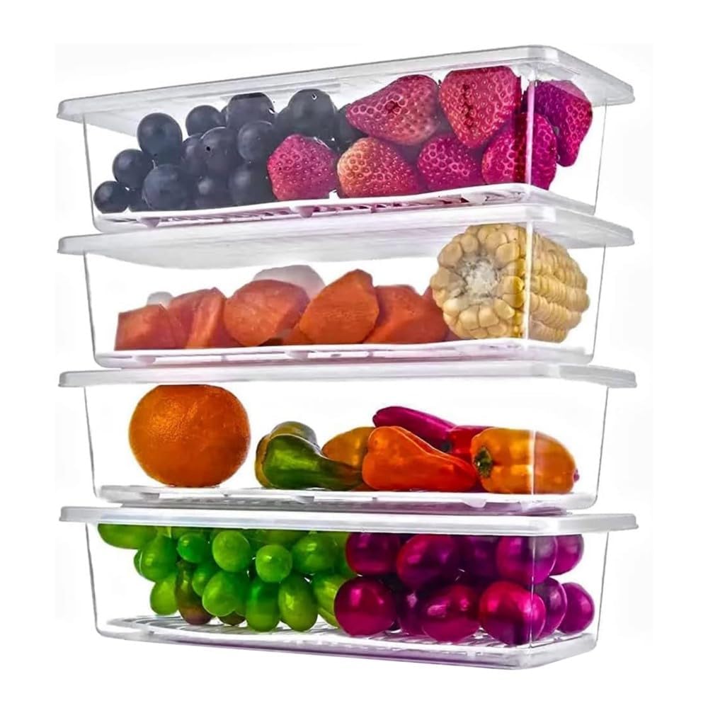Fridge Storage Boxes – Set Of 4 With Drain Tray, Stackable Plastic Container | 1.5l Capacity, Transparent White, Ideal As Fridge Storage Containers, kitchen food storage container for home Fridge Storage Boxes – Set Of 4 With Drain Tray, Stackable Plastic Container | 1.5l Capacity, Transparent White, Ideal As Fridge Storage Containers, kitchen food storage container for home