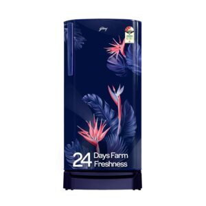 Godrej 183 L 3 Star | Toughened Glass Shelves | 24 Day Farm Freshness | Jumbo Vegetable Tray | Turbo Cooling Technology | Direct Cool Single Door Refrigerator (RD R190C THF FR BL, Floral Blue)