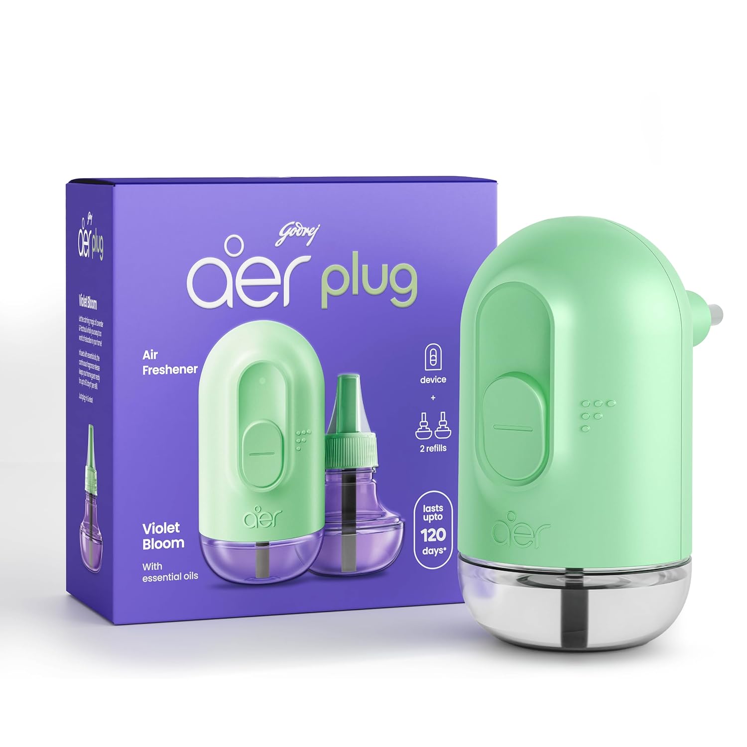 Godrej aer Plug Electric Air Freshener (Machine + 2 Refills (20Ml each) | Violet Bloom | Lasts up to 120 days,Solid Godrej aer Plug Electric Air Freshener (Machine + 2 Refills (20Ml each) | Violet Bloom | Lasts up to 120 days,Solid