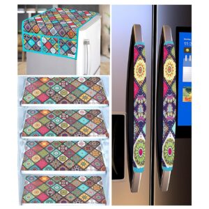 Grisha Home Fridge Top Cover Combo Set of 7 – Includes 1 Top Cover, 2 Handle Covers, 4 Waterproof Mats with Rajasthani Print for Home & Kitchen Use (Multicolor, Pack of 7)