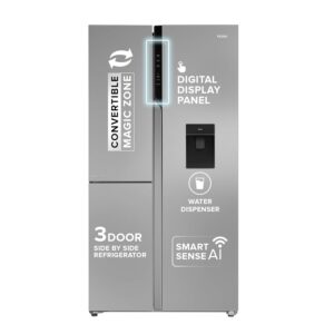 Haier 592L 3Star 3-Door Water Dispenser Side by Side Frost Free Refrigerator|Convertible|Wi-Fi|Inverter|Digital Display Panel|Deo Fresh Technology (HRT-683WISU1, Inox Steel)