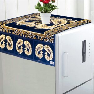 Heart Home Fridge Top Cover with 6 Utility Side Pockets|Peacock Design & Durable Cotton|Size 98 x 58 CM (Blue)