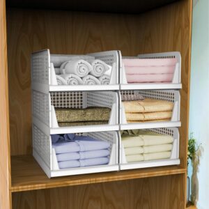 HomeStrap Set of 6, Stack it Up | Large Cloth Stacker | Foldable Shirt Storage Stacker for Wardrobe | Plastic Stackable Closet Organizer | White | 34L x 44W x 19H Centimeters