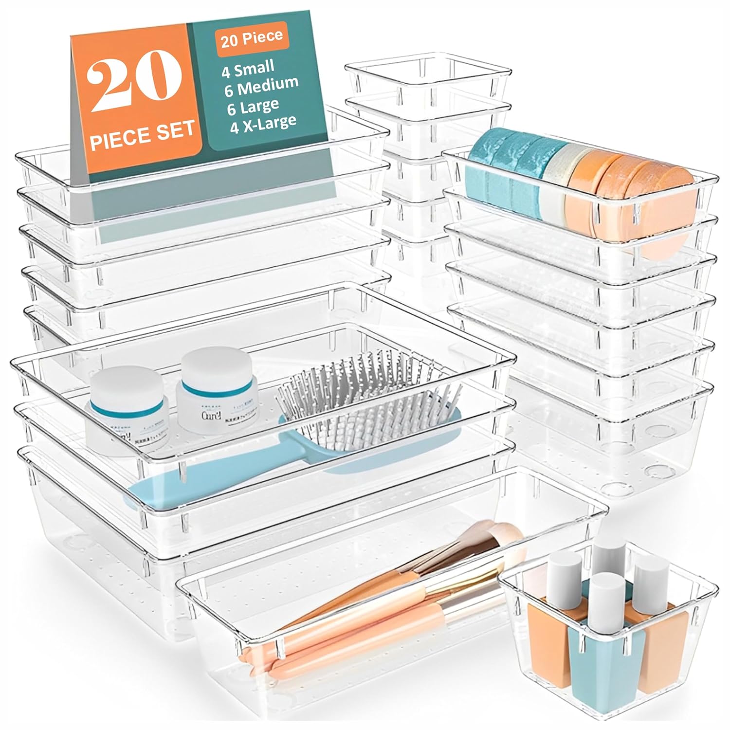 JD FRESH Polypropylene Set of 20 Drawer Organiser/Unbreakable Drawer Organizers/Dressing Table Organizer/Multi-Purpose Storage Boxes/Drawer Divider Tray for Kitchen/Bedroom/Office -(Clear Transparent) JD FRESH Polypropylene Set of 20 Drawer Organiser/Unbreakable Drawer Organizers/Dressing Table Organizer/Multi-Purpose Storage Boxes/Drawer Divider Tray for Kitchen/Bedroom/Office -(Clear Transparent)