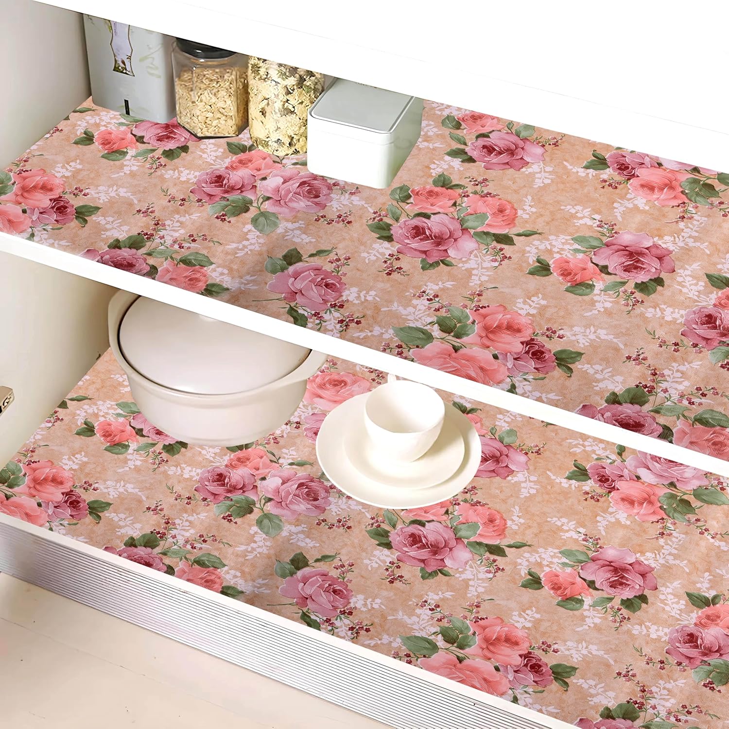 Kuber Industries Shelf Liner| PVC Kitchen Cabinet Mat | Shelf Liner for Drawer | Flower Design Wardrobe Mat | 10 Meter | Beige Kuber Industries Shelf Liner| PVC Kitchen Cabinet Mat | Shelf Liner for Drawer | Flower Design Wardrobe Mat | 10 Meter | Beige