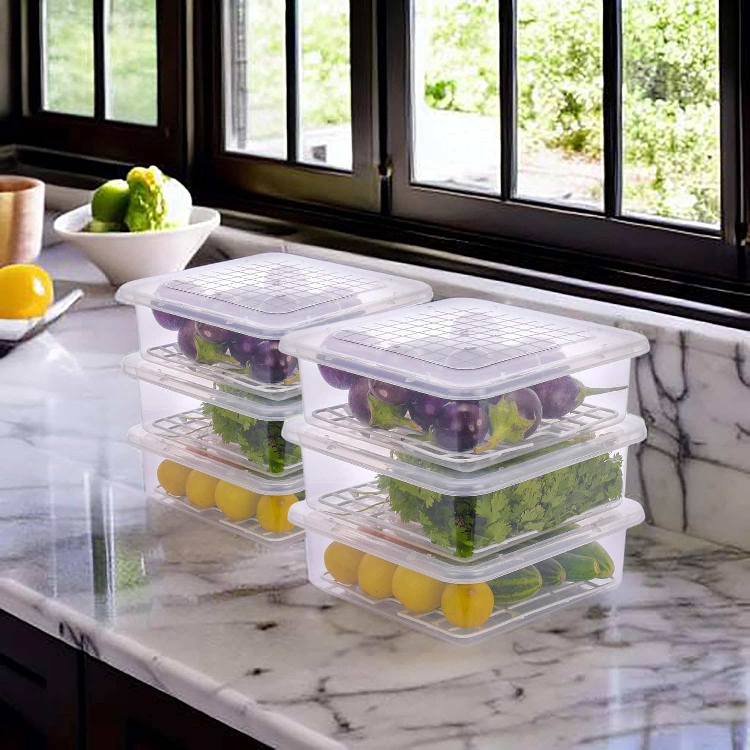 Plastic Multi-Purpose Food Storage Container With Removable Drain Plate And Lid,Stack-Able Freezer Storage Containers To Keep Fresh For Vegetables,Fruits,Fish,Meat,Transparent,2500 Ml Set Of 6 Plastic Multi-Purpose Food Storage Container With Removable Drain Plate And Lid,Stack-Able Freezer Storage Containers To Keep Fresh For Vegetables,Fruits,Fish,Meat,Transparent,2500 Ml Set Of 6