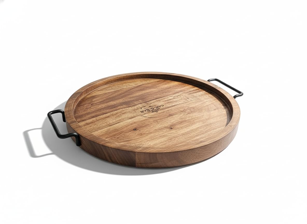 Premium Round Wooden Serving Tray Platter with Handles | Acacia Wood |Brown Tray for Dining & Coffee Table | Platter for Serving Drinks, Tea, Cakes, Snacks & Breakfast Premium Round Wooden Serving Tray Platter with Handles | Acacia Wood |Brown Tray for Dining & Coffee Table | Platter for Serving Drinks, Tea, Cakes, Snacks & Breakfast