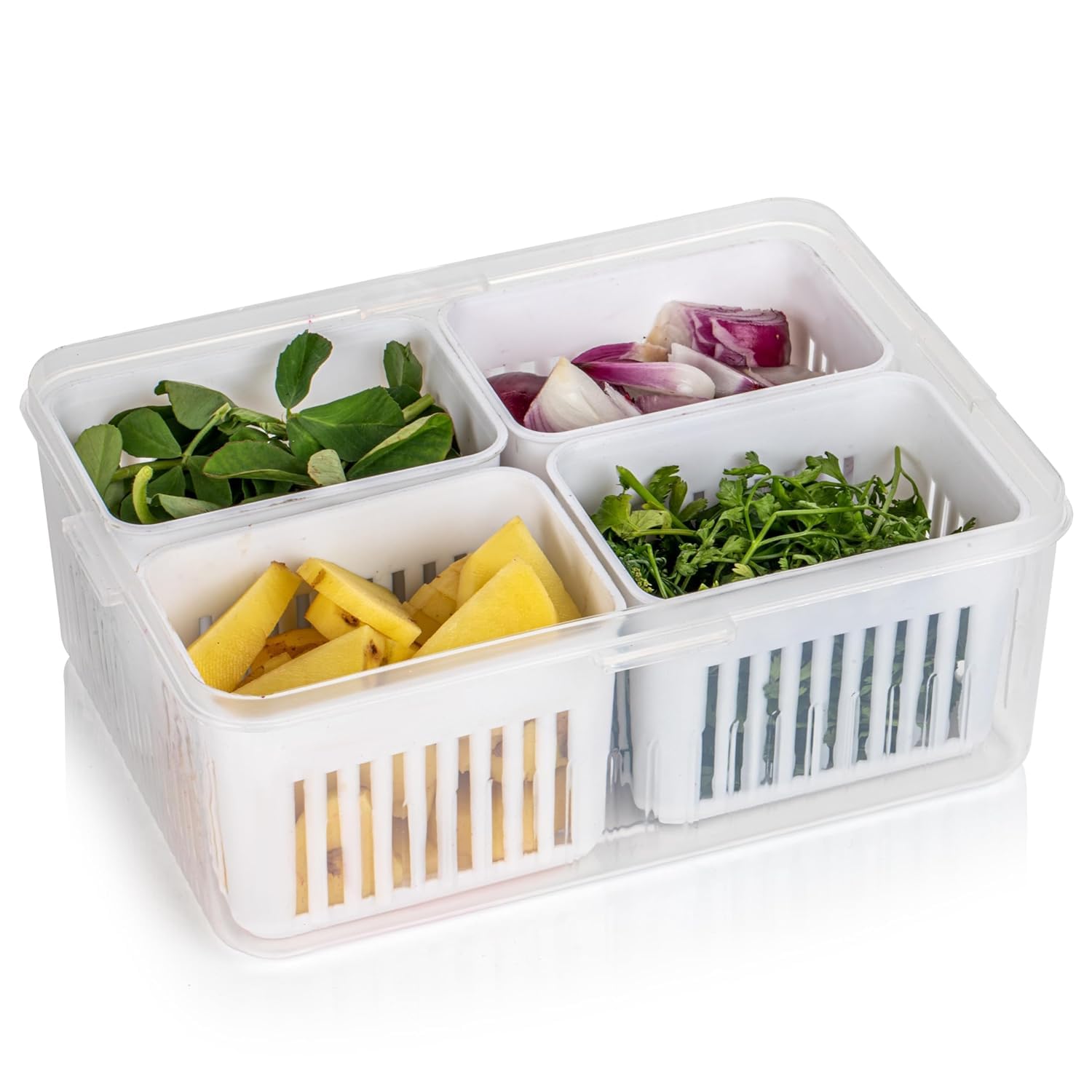 Set of 4 Divided Food Serving Tray with Lids Fridge Storage Boxes Refrigerator plastic Storage Basket, Expandable Fridge Rack, Sliding Vegetable Organizer Tray Box (4 Compartment) Set of 4 Divided Food Serving Tray with Lids Fridge Storage Boxes Refrigerator plastic Storage Basket, Expandable Fridge Rack, Sliding Vegetable Organizer Tray Box (4 Compartment)