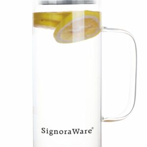 SignoraWare 1 Litres Saffron Borosilicate Glass Jug with Bamboo lid | Big Water Pitcher with Strong Handle for Water Juice Ice-Tea Milk (1000ml, Set of 1, Transparent | BPA Free)