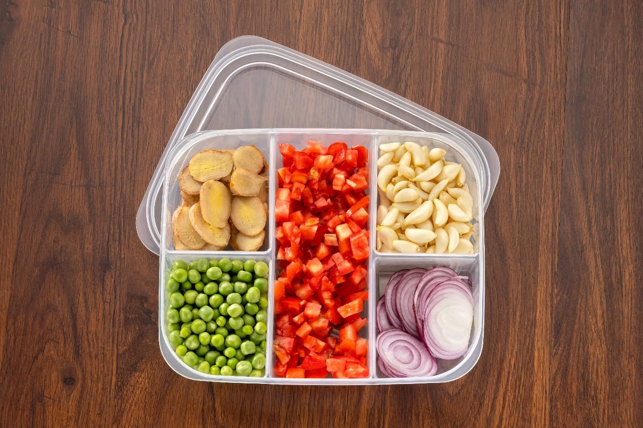 THE SR BRAND 5 Compartment Food Storage Container,Fridge Organizer for Frozen Meat Onion Ginger Garlic Prepared Vegetables – Polyethylene THE SR BRAND 5 Compartment Food Storage Container,Fridge Organizer for Frozen Meat Onion Ginger Garlic Prepared Vegetables – Polyethylene