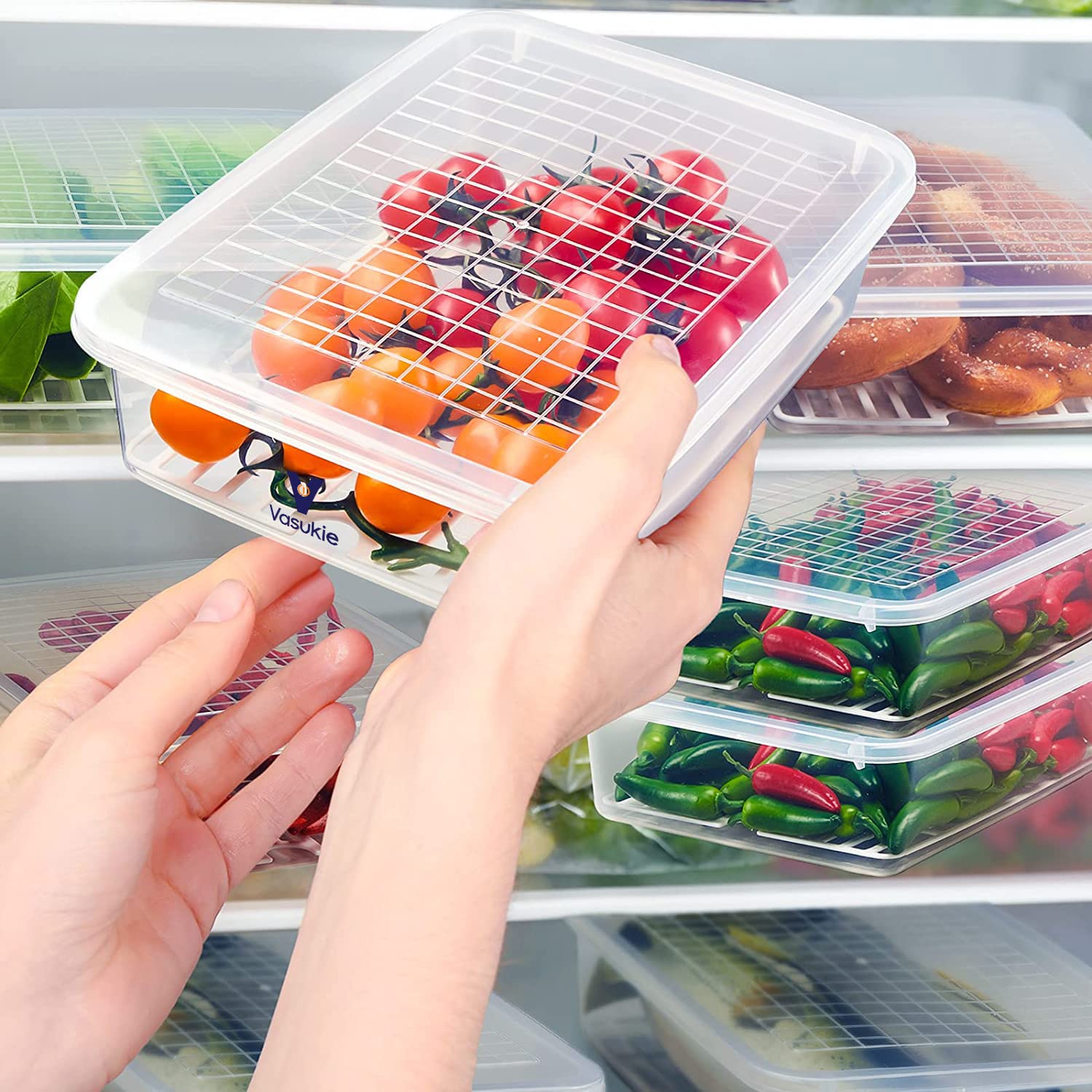 Vasukie Fridge Storage Boxes with Removable Drain Plate, Egg Tray & Lid, Stackable Fridge Organizer, Fridge Containers To Keep Fruits, Vegetables, Meat, Fish, Egg Fresh and Dry (Pack Of 2) Vasukie Fridge Storage Boxes with Removable Drain Plate, Egg Tray & Lid, Stackable Fridge Organizer, Fridge Containers To Keep Fruits, Vegetables, Meat, Fish, Egg Fresh and Dry (Pack Of 2)