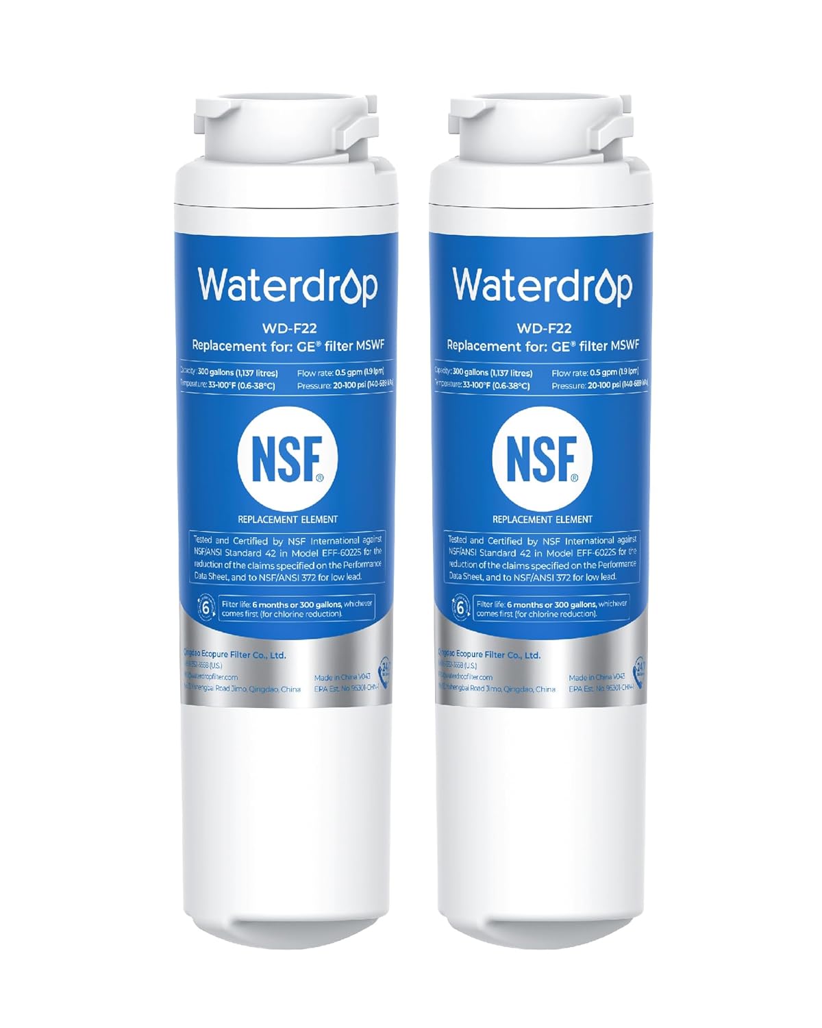 Waterdrop NSF 53&42 Certified Refrigerator Water Filter, Compatible with GE MSWF, 101820A, 101821B, 101821-B, Advanced, Pack of 2 Waterdrop NSF 53&42 Certified Refrigerator Water Filter, Compatible with GE MSWF, 101820A, 101821B, 101821-B, Advanced, Pack of 2