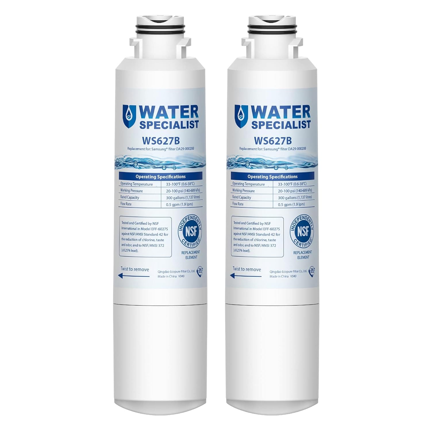 Waterspecialist NSF 53&42 Certified DA29-00020B Refrigerator Water Filter, for Samsung HAF-CIN, HAF-CIN/EXP, DA29-00020A/B, DA97-08006A, DA2900020B, RF28HMEDBSR, RF4287HARS (Pack of 2)