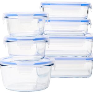 amazon basics Glass Leak-Proof Locking Lids – Food Storage Containers, 7-Piece Set, Transparent