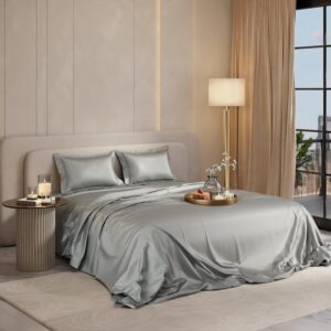 Stoa Paris Double Bedsheet with 2 Pillow Covers, 300 TC UltraSatin Premium Bedding Set, Aesthetic Home Decor, Gift for Couples, Wedding, Anniversary, Date Night – Harbour Mist Grey