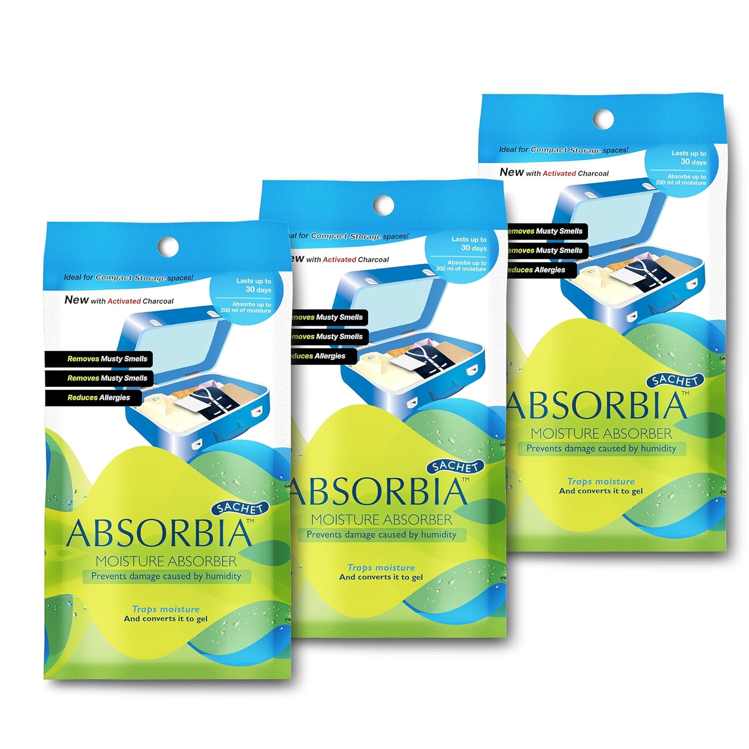 Absorbia Moisture Absorber | Absorbia Sachet with activated Charcoal – Pack of 3 (200ml Each) Absorbia Moisture Absorber | Absorbia Sachet with activated Charcoal – Pack of 3 (200ml Each)