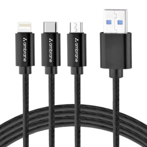 Ambrane Unbreakable 3 in 1 USB Fast Charging USB Cable with Type C, Lightning, Micro USB Port with 2.1 A, Compatible with iPhone, iPad, Samsung, OnePlus, Mi, Oppo, Vivo, Xiaomi, 1.25M (Trio-11, Black)