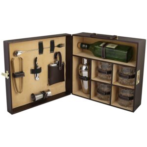 Anything & Everything Portable Bar Set | Portable Leatherette Bar Set | Wine Case | Whisky Case | Portable Bar Accessories Set (Holds 01 Bottle & 04 Whisky Glasses) (Brown & Beige)