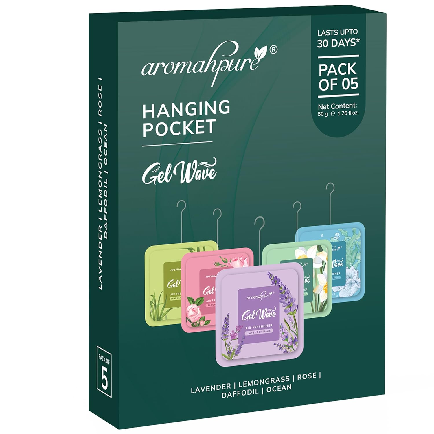 Aromahpure Gel Wave Bathroom Freshener | Assorted 50g (10g each) | Set of 5 Gel-Based hanging Pocket freshener I Lasts Up to 30 Days Aromahpure Gel Wave Bathroom Freshener | Assorted 50g (10g each) | Set of 5 Gel-Based hanging Pocket freshener I Lasts Up to 30 Days
