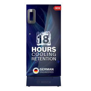 BOSCH 187L, 4 Star, Single Door Refrigerator with Industry’s largest base drawer, vegetable box* & Beverage space (CST18B34PI, Feather blue) 18 Hr Cooling Retention, 2.5x Cooling, inverter compressor