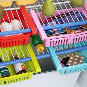 Bliss 4 Pcs Expandable Adjustable Fridge Basket, Storage Basket, Under Shelf Fridge Organiser Rack Space Saver Refrigerator Sliding Drawers – (Multicolor)