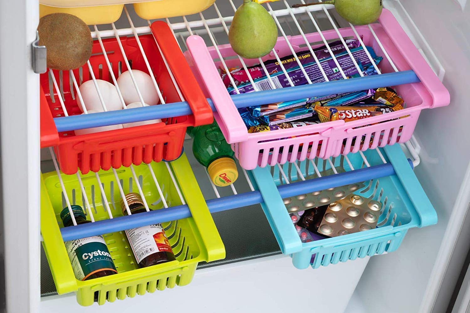 Bliss 4 Pcs Expandable Adjustable Fridge Basket, Storage Basket, Under Shelf Fridge Organiser Rack Space Saver Refrigerator Sliding Drawers – (Multicolor) Bliss 4 Pcs Expandable Adjustable Fridge Basket, Storage Basket, Under Shelf Fridge Organiser Rack Space Saver Refrigerator Sliding Drawers – (Multicolor)