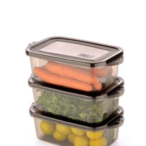 Clazkit Plastic Food Storage Containers | Multipurpose Stackable Kitchen Storage Boxes | Airtight Refrigerator Organizer for Fruit, Vegetables, Cereal, and Snacks (Black-Set of 3)