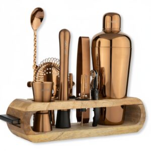 Copper Gold Bar Set with Stand | 10 Piece Bartender Kit :Cocktail Shaker, Bar Spoon, Jigger, Muddler, Strainer, Wine & Beer Bottle Opener, 2 Pour Spouts, Tong, Wooden Stand with Handles