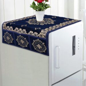 Dakshya Industries Rectangle Fridge Cover With 6 Utility Pocket/Refrigerator Cover (Size 99×53 CM) Woven Design Light Weight Velvet Refrigerator Cover (Blue)
