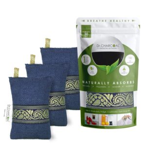 Dr CHARCOAL Fridge Deodorizer, Keeps Your Refrigerator and Freezer Fresh, Dry and Odor Free For 1 Year. 75gm, Long Lasting Charcoal Bag| More Powerful than Baking Soda to remove Bad Smell, Pack of 3