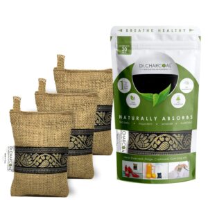 Dr CHARCOAL Moisture Absorber Dehumidifier Activated Charcoal Bags for Wardrobe, Shoe Rack and Fridge; Prevents Mould & Fungus, Removes Bad Smell, Lasts 1 year, 75g Pack of 3 (Classic Khaki)