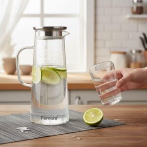 Femora Borosilicate Glass Jug with Stainless Steel Lid | 1.7 LTR | Glass Jug with Lid, Glass Water Jug, Pitcher for Serve Juice, Beverage, Cocktail (1 Pcs Set | BPA Free), 1500 milliliters