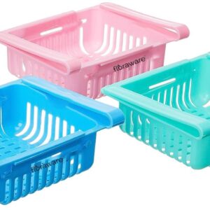 Floraware Fridge Organizer Drawer, Adjustable Fridge Storage Basket, Fridge Racks Tray Sliding Storage Racks, Pack of 3 Multicolour