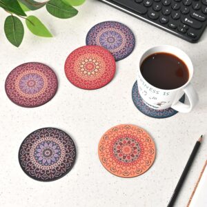 GKD Coaster Set of 6 Beautiful Wooden Coasters with Proper Coaster Stand Designer Coaster Set fit for Tea Cups, Coffee Mugs and Glasses (6 pc Round 3.5 x 3.5 inch) Multi Color