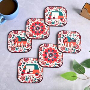 GKD Coaster Set of 6 Vibrant India Theme Design Wooden Coasters to Serve Tea Cups, Coffee Mugs and Glasses (3.5 x 3.5 inch) (Square) (Ecofriendly)