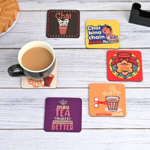 GKD Wooden Coaster Set of 6 with Stand | Chai Quote Tea Coffee Coasters | Wooden Table Coasters for Home Office Desk Decor | Designer Drink Coasters | Square 3.8 x 3.8 Inch