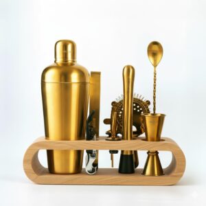 Gold Bar Set with Stand |10 pc Bartender kit for Home & Bar: Cocktail Shaker, Bar Spoon, Jigger, Muddler, Strainer, Wine & Beer Bottle Opener, 2 Pour Spouts, Tong, Wooden Stand with Handles