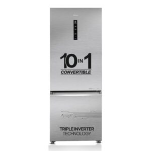 Haier 325L 2 Star Frost Free Bottom Mount Double Door Refrigerator|Convertible 14-in-1|Jhukna Mat-Bottom Freezer|Digital Display Panel|Triple Inverter|Twist Ice Maker (HRB-3752BNS-P, Nickel Steel)