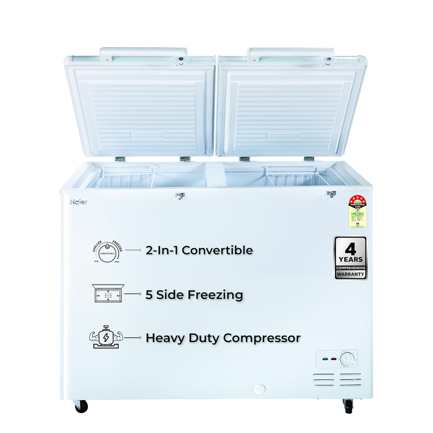 Haier HFC-320DM5, 5 Star Rating Double Door Convertible Deep Freezer, 5 Side Uniform Freezing, Heavy Duty Compressor, inside metal liner with 3 Layer Door Design (White) Haier HFC-320DM5, 5 Star Rating Double Door Convertible Deep Freezer, 5 Side Uniform Freezing, Heavy Duty Compressor, inside metal liner with 3 Layer Door Design (White)
