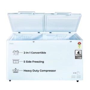 Haier HFC-500DM5, 5 Star Rating Double Door Convertible Deep Freezer, 5 Side Freezing, Dual Condenser, Inside Metal Liner with 70mm Puff Thickness (White)