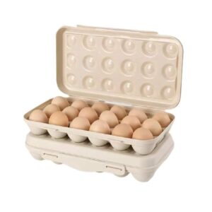 HomeCloud Plastic Egg Tray Holder/Container/Storage Organizer With Lid For Refrigerator (18_Beige)